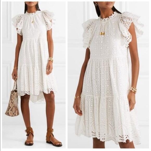 Ulla Johnson Norah White Broderie Anglaise Eyelet Flutter Sleeve Tiered Dress 4 - Picture 1 of 8